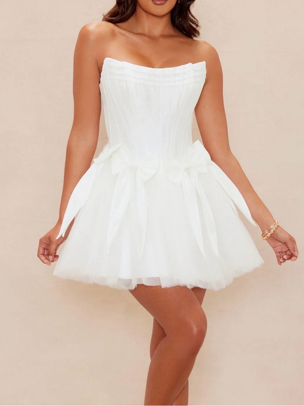 NWT Brielle Strapless White Tulle Mini Dress with Bow Detail Sz M bride corset
